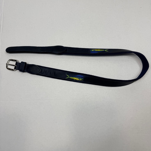 ZEPPELIN Blue Mahi-MahiFish Leather Canvas Belt Brass Buckle Made in USA Mens 34 - Picture 9 of 11